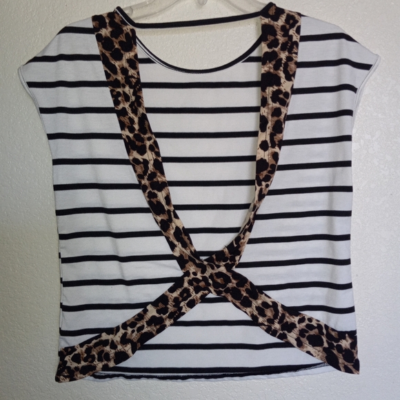 Shein size m summer top black and white stripes front dips back animal trim. - Picture 2 of 5